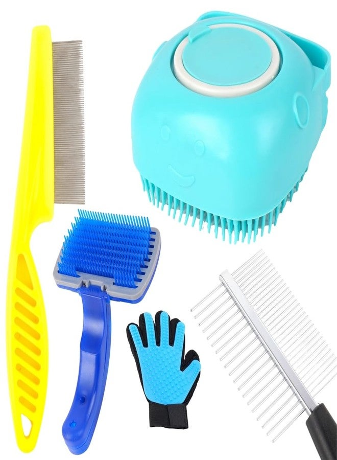 REGIIS Pet Grooming Kit with Self-Cleaning Brush, Slicker Brush, Metal Comb, Grooming Glove, Blue and Turquoise, Professional Dog Cat Deshedding Tools Set(PACK OF 5) - Image 1
